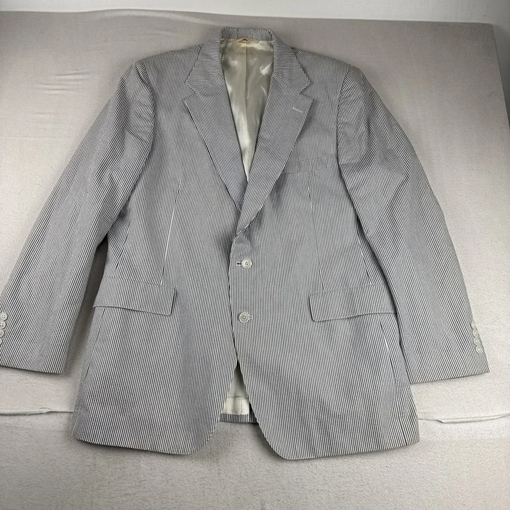 Luden's Charleston SC Mens Seersucker Blazer 46L blue white lightweight Cotton